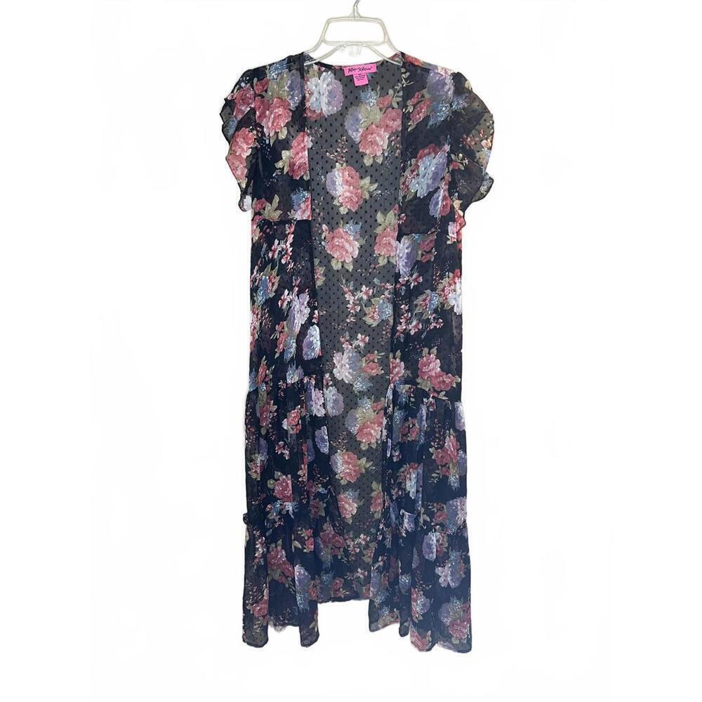 Betsey Johnson Sheer Black Floral Kimono Ruffle Trim One Size Fits  Most